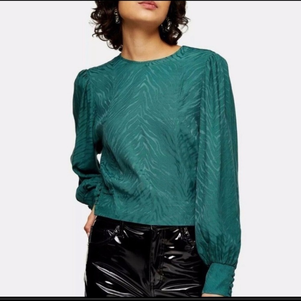 TOP SHOP JACQUARD LONG SLEEVE CROP TOP GREEN 14. NEW WITH TAGS
